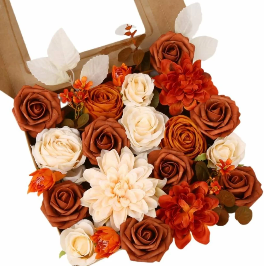 LITOYNAN Artificial Silk Rose Flower Box Set for DIY Wedding Bouquets, Bridal Centerpieces, Baby Shower, Home Decor - Chic Terracotta Rust