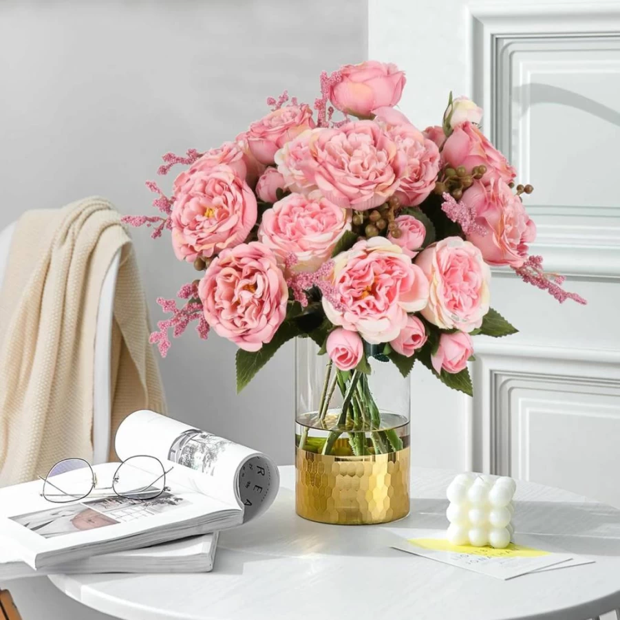 Pusuny Artificial Peonies Silk Flowers - 4 Bundles Light Pink Faux Peony Bouquet for Wedding, Home, Table Centerpiece, Vase Decoration, Farmhouse & Boho Decor