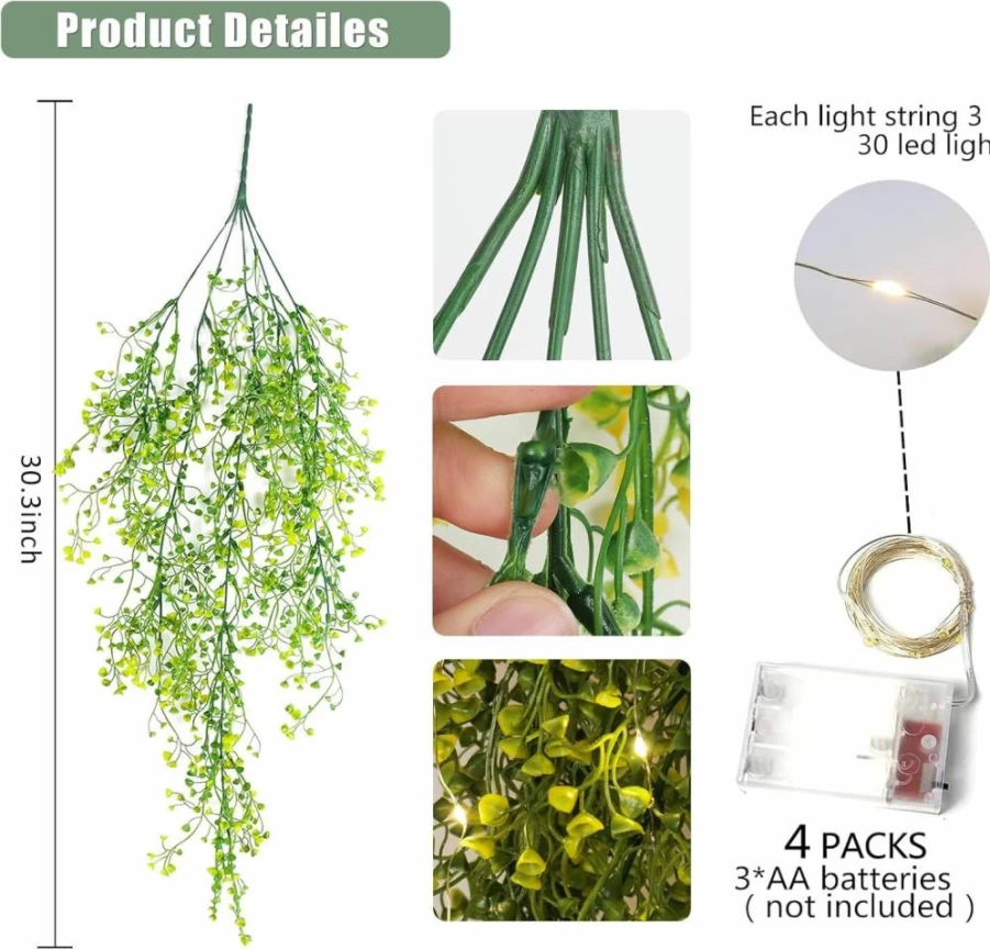 RECUTMS 4PCS Artificial Hanging Fern Plants - Large Faux Ivy Vine for Indoor Outdoor Wall Decor, Home Garden Wedding Party Decoration (Purple)