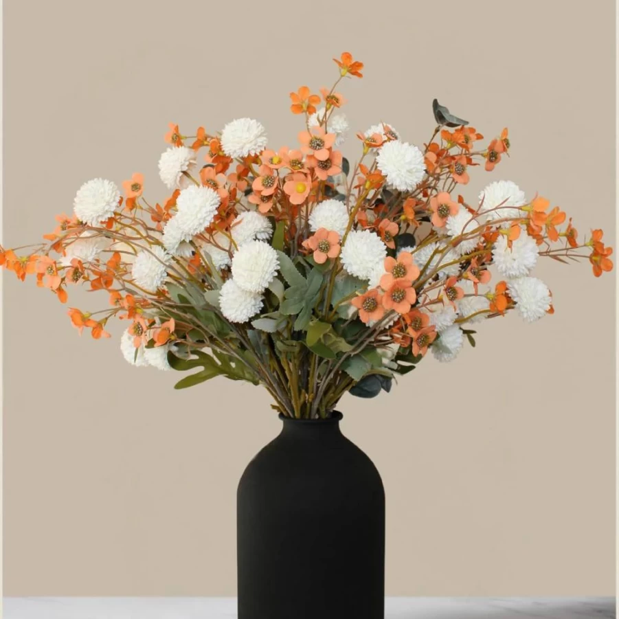 RyddeligHome Artificial Silk Chrysanthemum Flowers - 10 Beige Stems with Eucalyptus, Long Stem Faux Mums for Vase, Neutral Cream Pom Pom Floral Arrangements, Bulk Fake Kiku Flowers