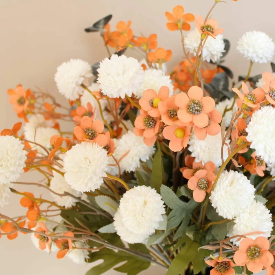 RyddeligHome Artificial Silk Chrysanthemum Flowers - 10 Beige Stems with Eucalyptus, Long Stem Faux Mums for Vase, Neutral Cream Pom Pom Floral Arrangements, Bulk Fake Kiku Flowers